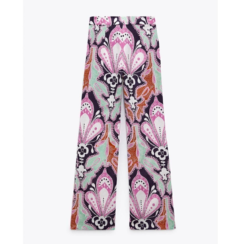 Zara Top and Pant Set XS Printed Linen Spain Groovy 70s 60s Boho Colorful Unique - Picture 8 of 16